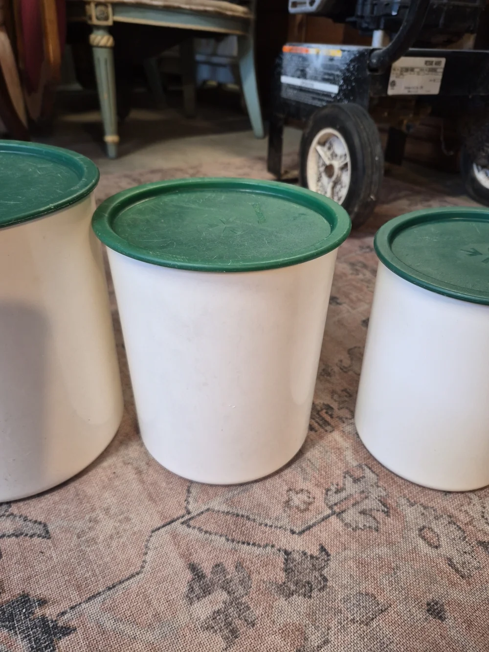 Tupperware White Canister Set with Green Lids Vintage - 4 Piece Touch Close